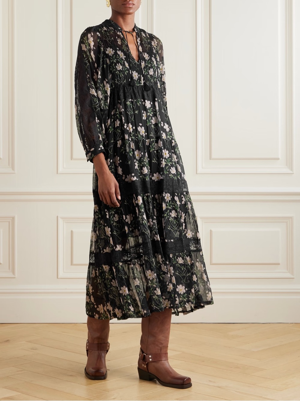 Sea New York Elizabeth Lace Trimmed Floral Print  Midi Dress - M